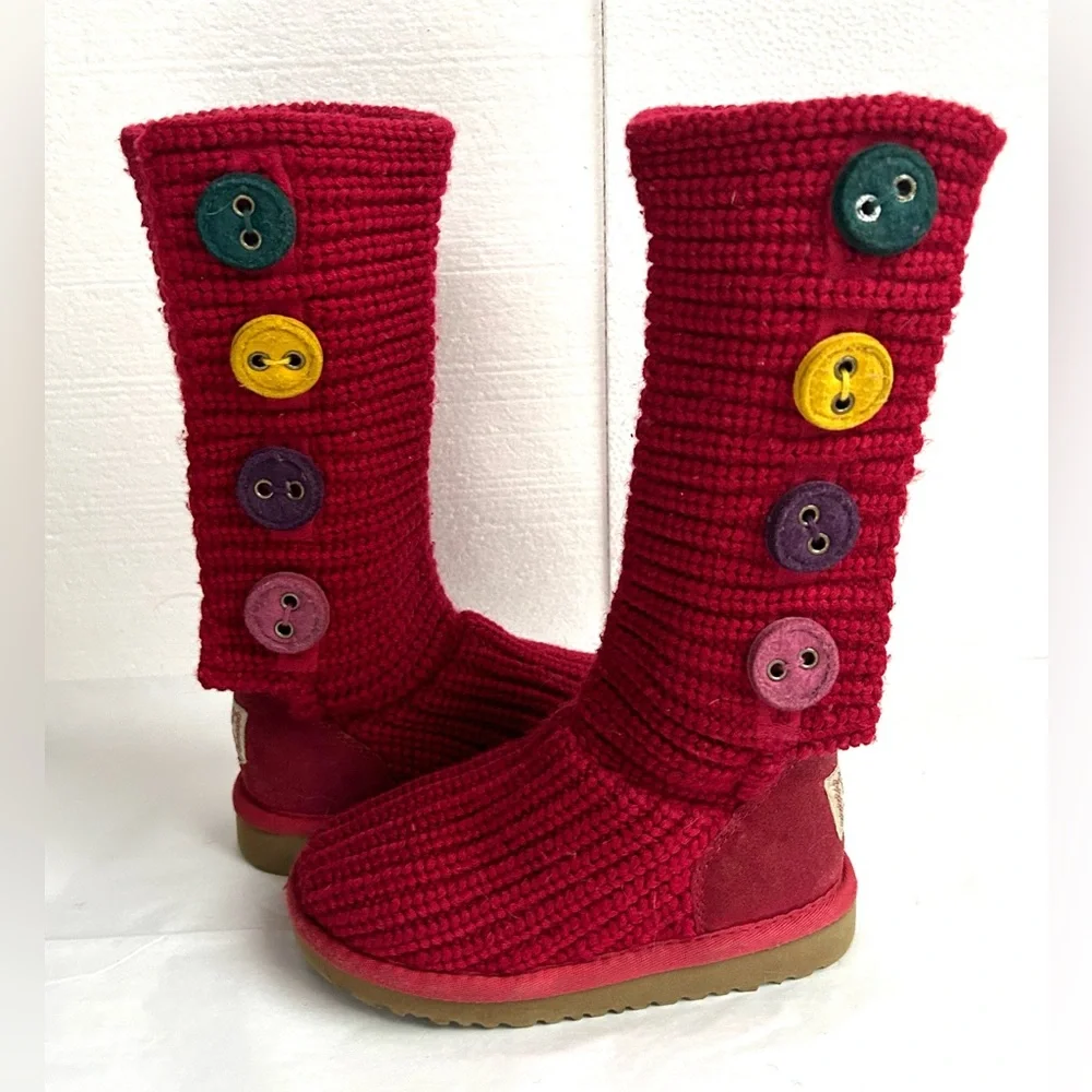 UGG Kids High Red Knit Boots with Multicolor Buttons‎